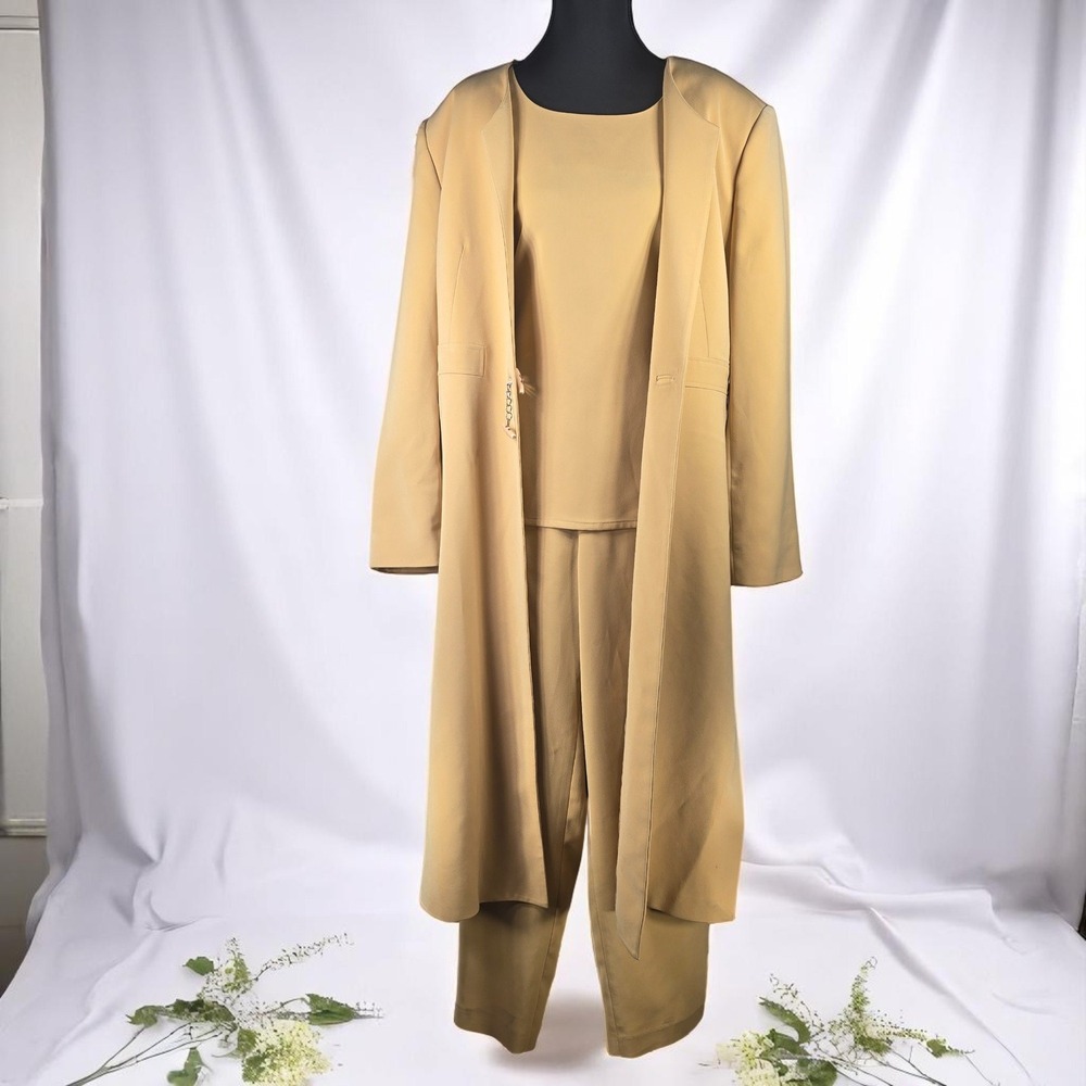 Nubiano Pant Suit Set Duster Jacket Sleeveless Top Formal Career Woman 14 Beige